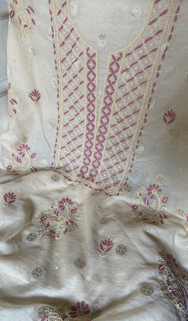 Women's Lakhnavi Handcrafted Chanderi Silk Unstitched Chikankari Full Suit - HONC0352032