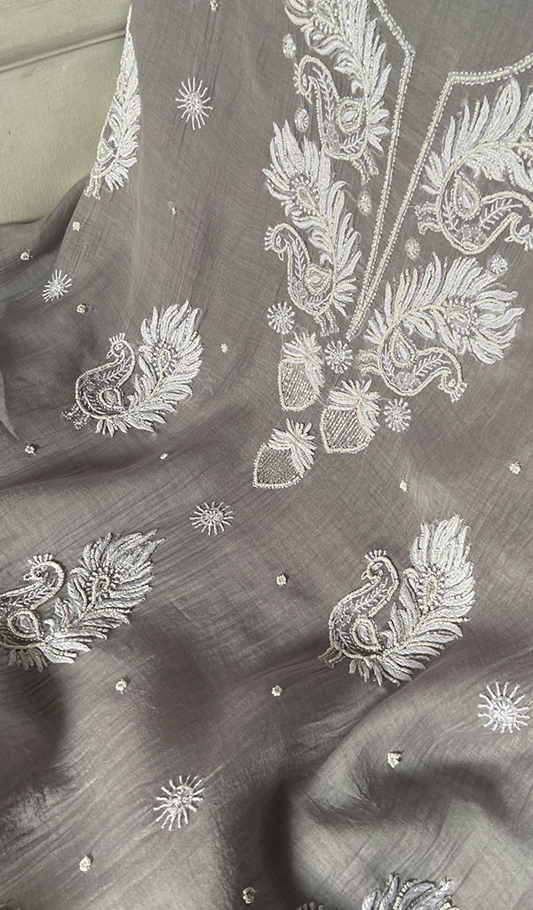 Women's Lakhnavi Handcrafted Mul Chanderi i Semi- stitched Kurta And Dupatta Set- HONC0362577