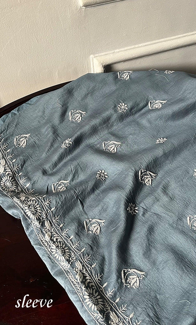 Lucknowi Handcrafted Chanderi Silk Chikankari Unstitched Unisex Kurta Fabric - HONC0288639