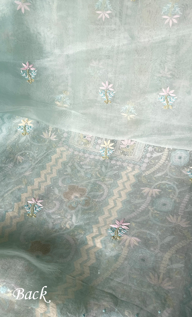 Women's Lakhnavi Handcrafted Pure Organza Chikankari Unstitched Kurta And Dupatta Set- HONC0321452