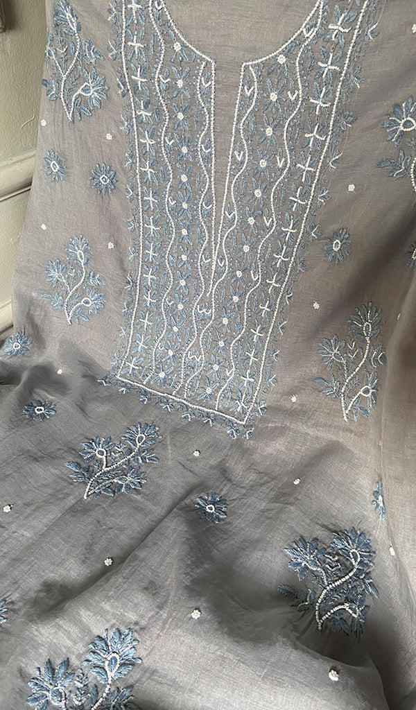 Women's Lakhnavi Handcrafted Mul Chanderi Unstitched Chikankari Full Suit- HONC0354632