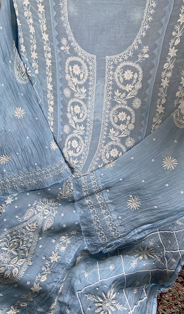 Basma Women's Lucknowi Handcrafted Mul Chanderi Semi - stitched Chikankari Anarkali Full Set - HONC0360090