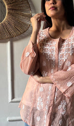 Load image into Gallery viewer, Vaanya Women's Lakhnavi Handcrafted Mul Chanderi Chikankari Top - HONC0334143