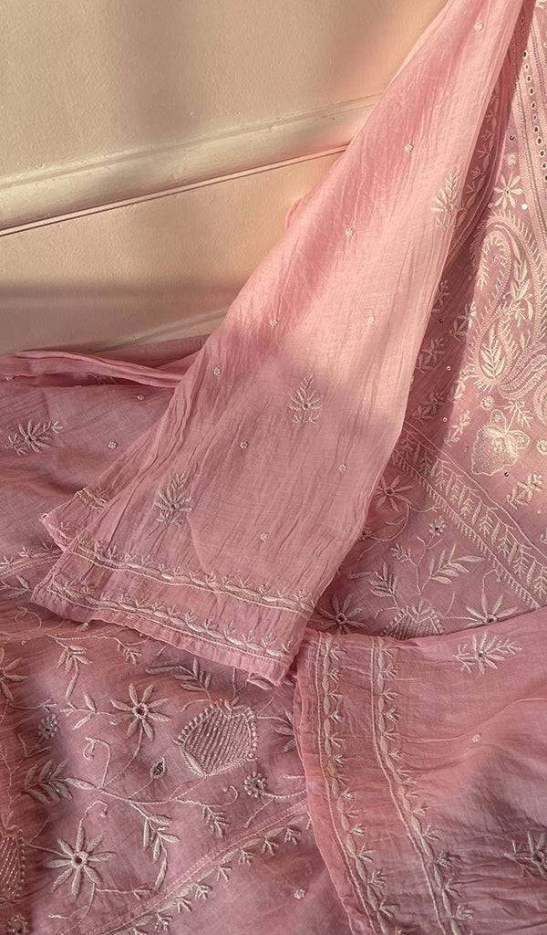 Women's Lakhnavi Handcrafted Mul Chanderi Semi - Stitched Angrakha And Dupatta Set - HONC0277641