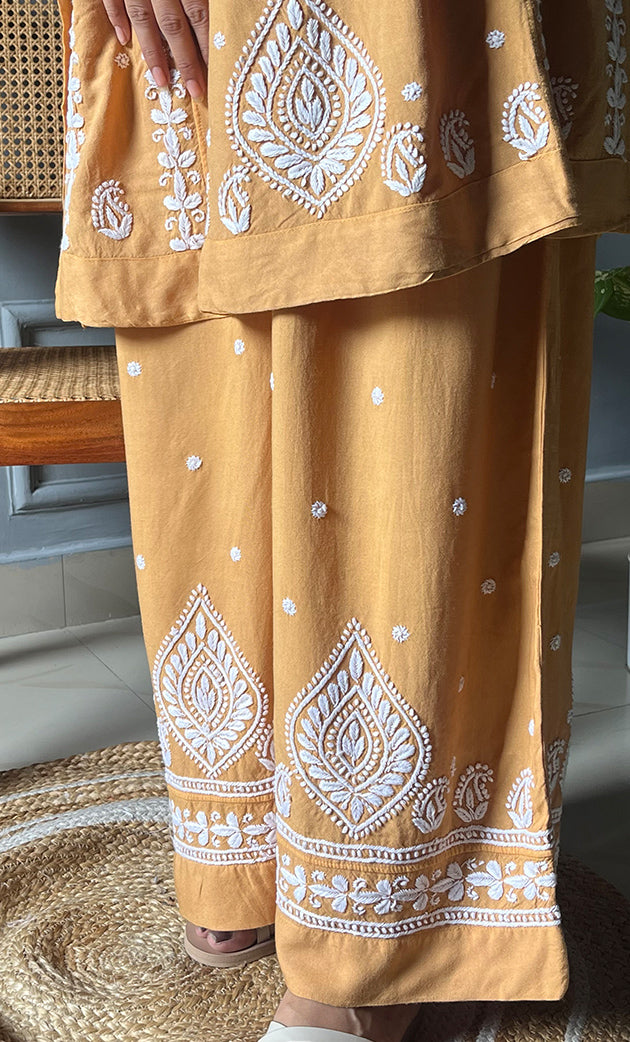 Women's Lakhnavi Handcrafted Modal Cotton Chikankari Kurta And Pant Set - HONC0300584