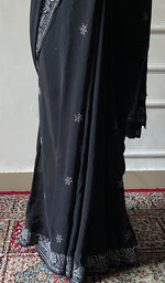 Load image into Gallery viewer, Women's Lakhnavi Handcrafted Pure Silk Georgette Chikankari Saree - HONC0274172
