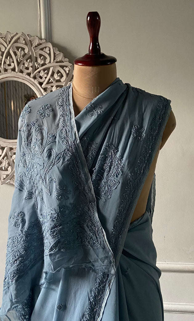 Women's Lakhnavi Handcrafted Viscose Georgette Chikankari Saree - HONC02329020