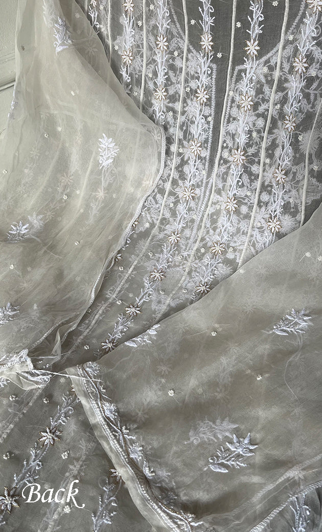 Women's Lakhnavi Handcrafted Pure Organza Chikankari Semi -stitched Anarkali And Dupatta Set - HONC0328513