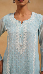 Load image into Gallery viewer, Saziya Women's Lakhnavi Handcrafted Mul Chanderi Chikankari Stitched Kurta, Dupatta And Pant Set - HONC0464646