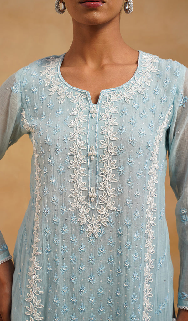 Saziya Women's Lakhnavi Handcrafted Mul Chanderi Chikankari Stitched Kurta, Dupatta And Pant Set - HONC0464646