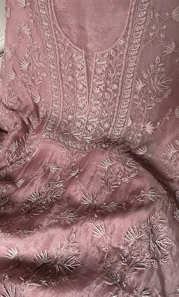 Women's Lakhnavi Handcrafted Pure Organza Chikankari Unstitched Kurta And Dupatta Set- HONC0327851