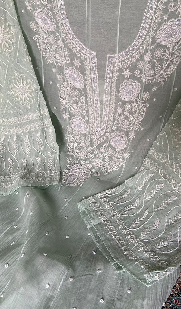 Basma Women's Lucknowi Handcrafted Mul Chanderi Semi - stitched Chikankari Anarkali Full Set - HONC0355636
