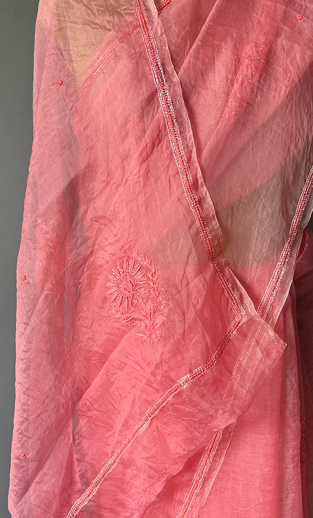 Amna Women's Lucknowi Handcrafted Pure Organza Silk Chikankari Saree - HONC0283192