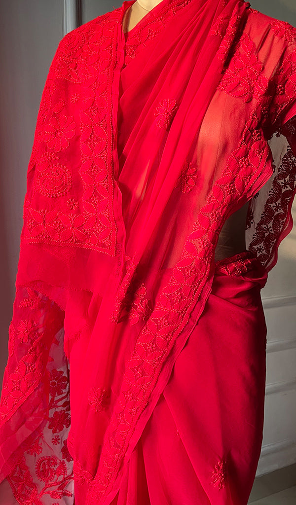 Women's Lucknowi Handcrafted Faux-Georgette Chikankari Saree - HONC0295215