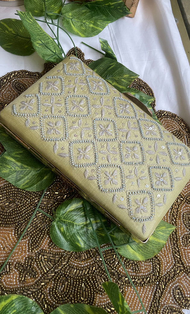 Beige Chikankari Embroidered Clutch - HONC0313605