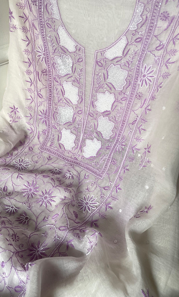 Women's Lakhnavi Handcrafted Unstitched Mul Chanderi Kurta And Dupatta Set - HONC0327491