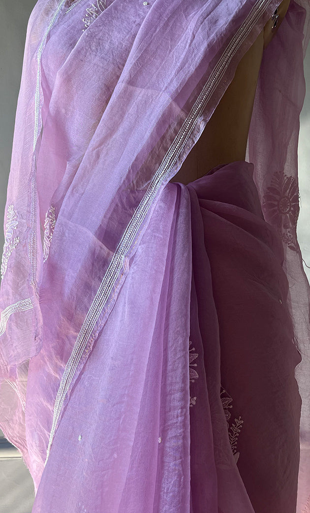 Amna Women's Lucknowi Handcrafted Pure Organza Silk Chikankari Saree - HONC0297170