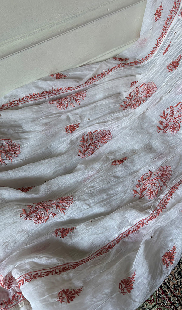 Women's Lakhnavi Handcrafted Mul Chanderi Semi - Stitchd Angrakha  And Dupatta Set - HONC0344312