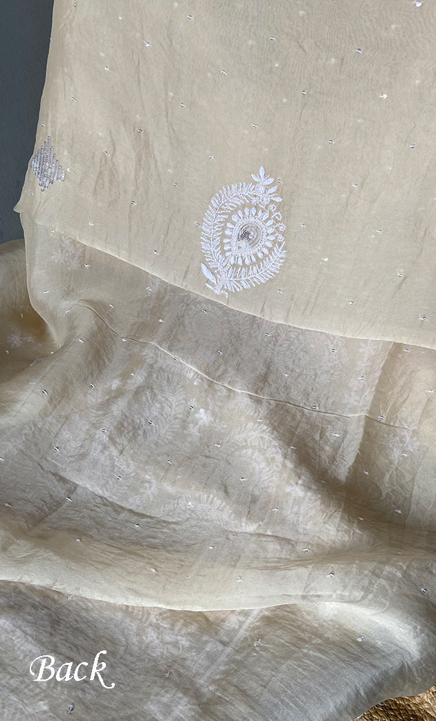 Women's Lakhnavi Handcrafted Pure Organza Chikankari Unstitched Kurta And Dupatta Set- HONC0304149