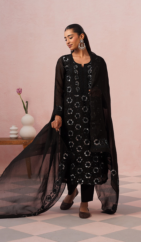 Women's Lucknowi Handcrafted Pure Organza Silk Stitched Chikankari Kurta, Dupatta With Pant Set- HONC0546598