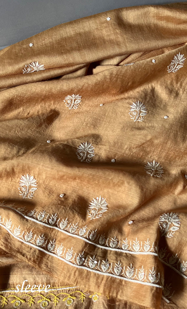 Women's Lakhnavi Handcrafted Munga Silk Chikankari Unstitched Kurta And Dupatta Set- HONC0276215