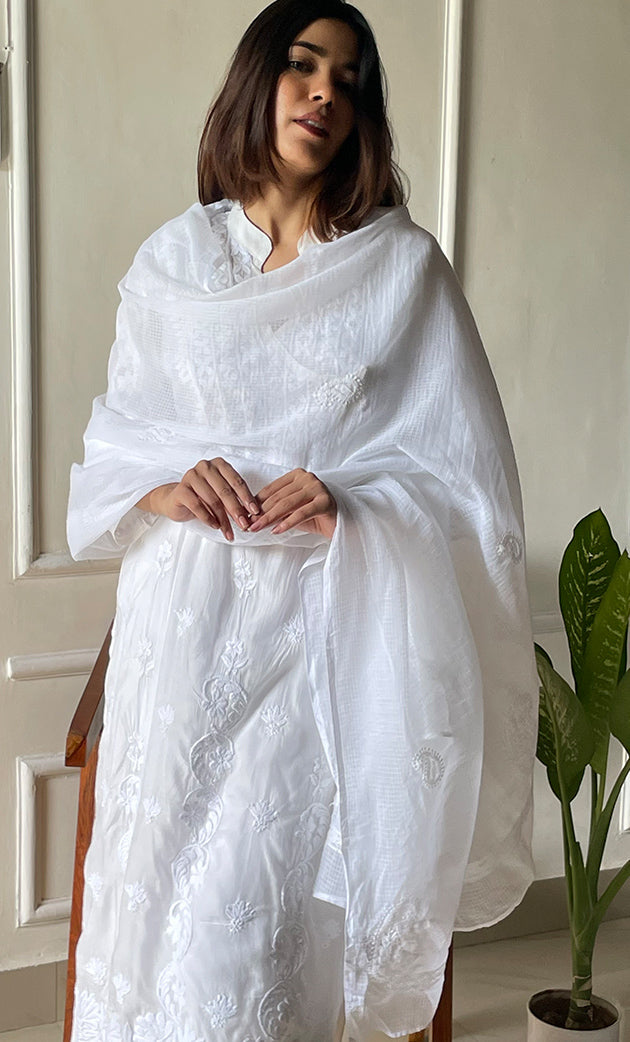 Nazm Women's Lucknowi Handcrafted Kota Cotton Chikankari Dupatta - HONC0277303