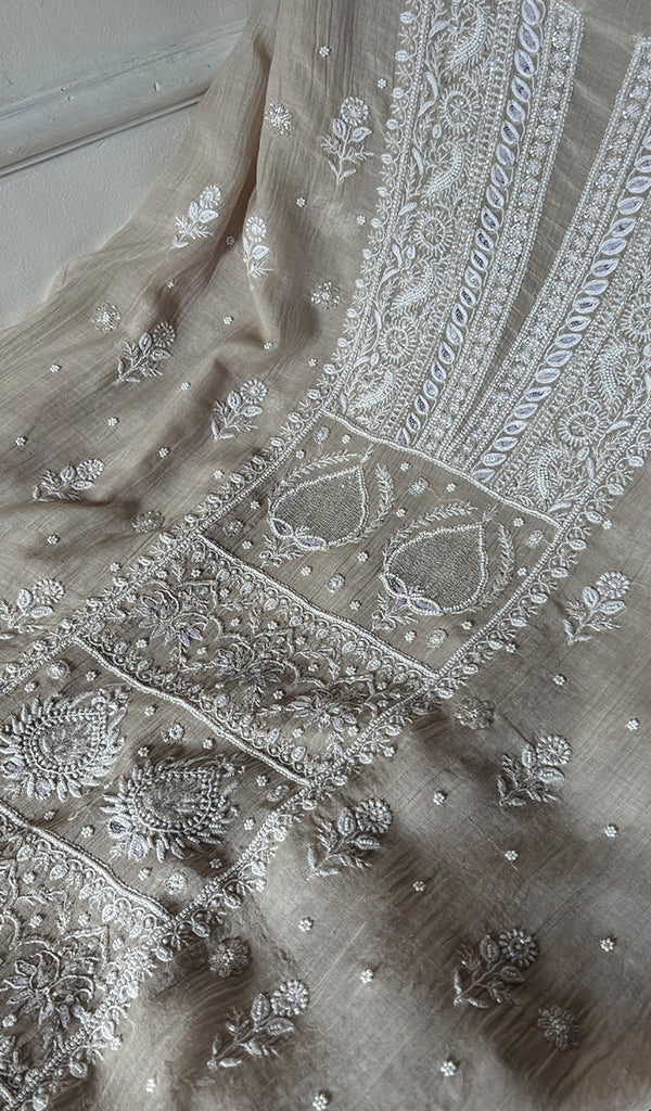 Women's Lakhnavi Handcrafted Mul Chanderi Unstitched Kurta And Dupatta Set - HONC0374456