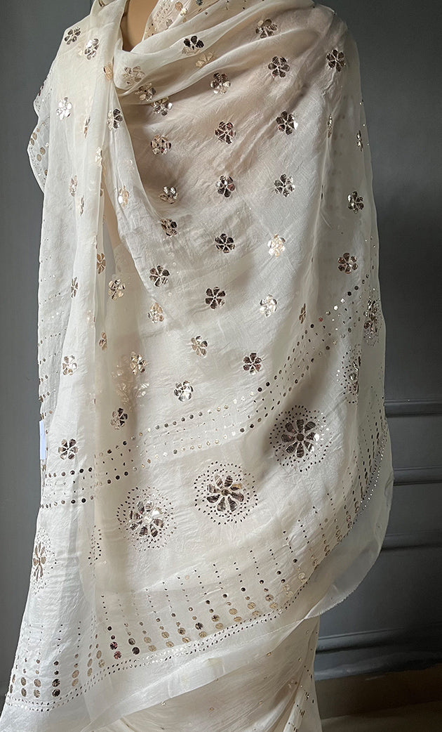 Women's Lucknowi Handcrafted Pure Organza Silk Chikankari Saree - HONC0306870