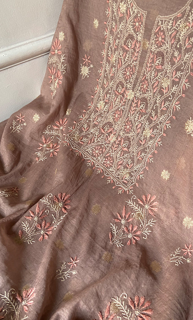Women's Lakhnavi Handcrafted Mul Chanderi Unstitched Chikankari Full Suit Material - HONC0316857