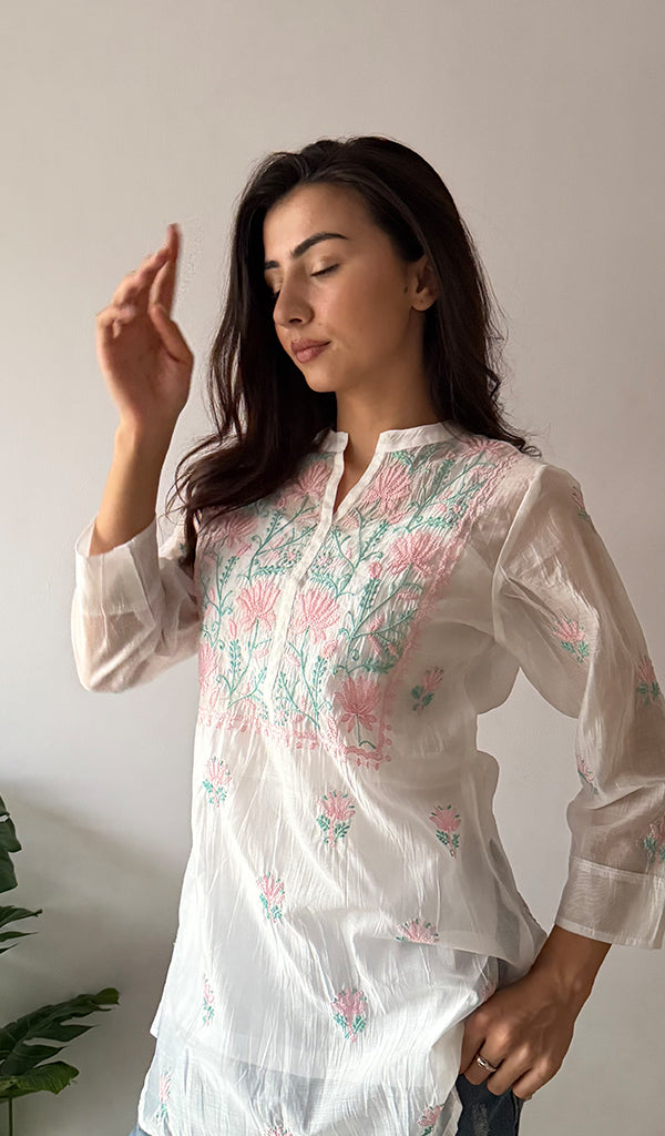 Women's Lakhnavi Handcrafted Mul Chanderi Chikankari Top - HONC0372702