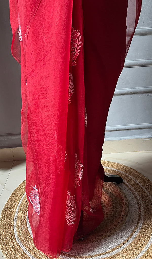 Women's Lucknowi Handcrafted Pure Organza Silk Chikankari Saree - HONC0230130