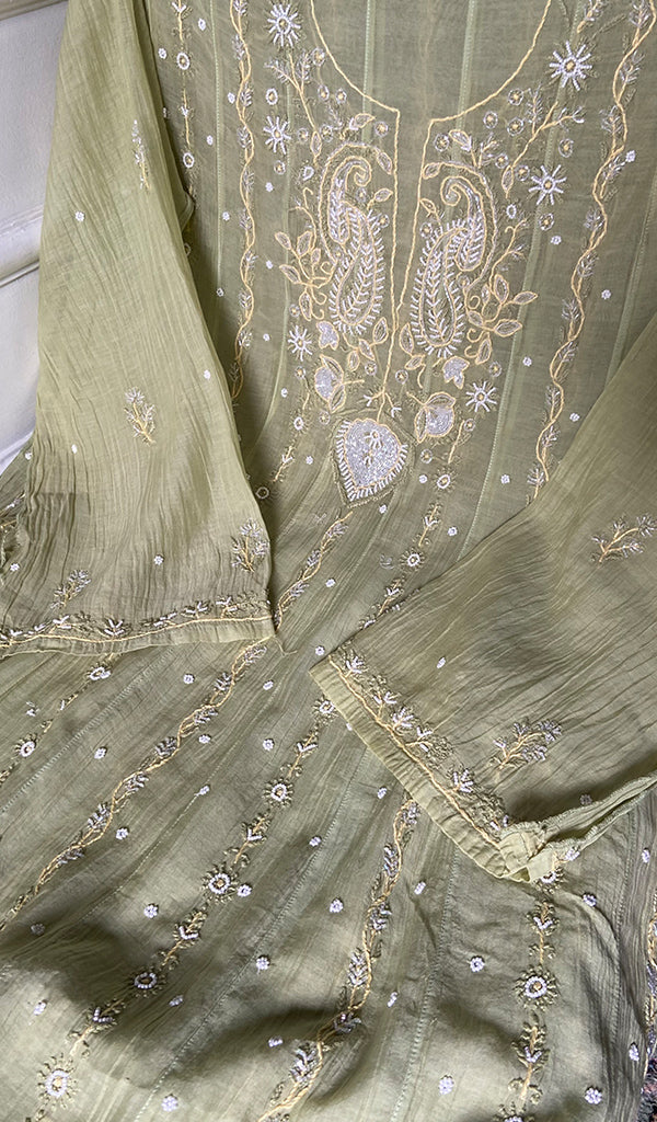 Women's Lakhnavi Handcrafted Mul Chanderi Semi - stitched Chikankari Full Suit Material - HONC0371980