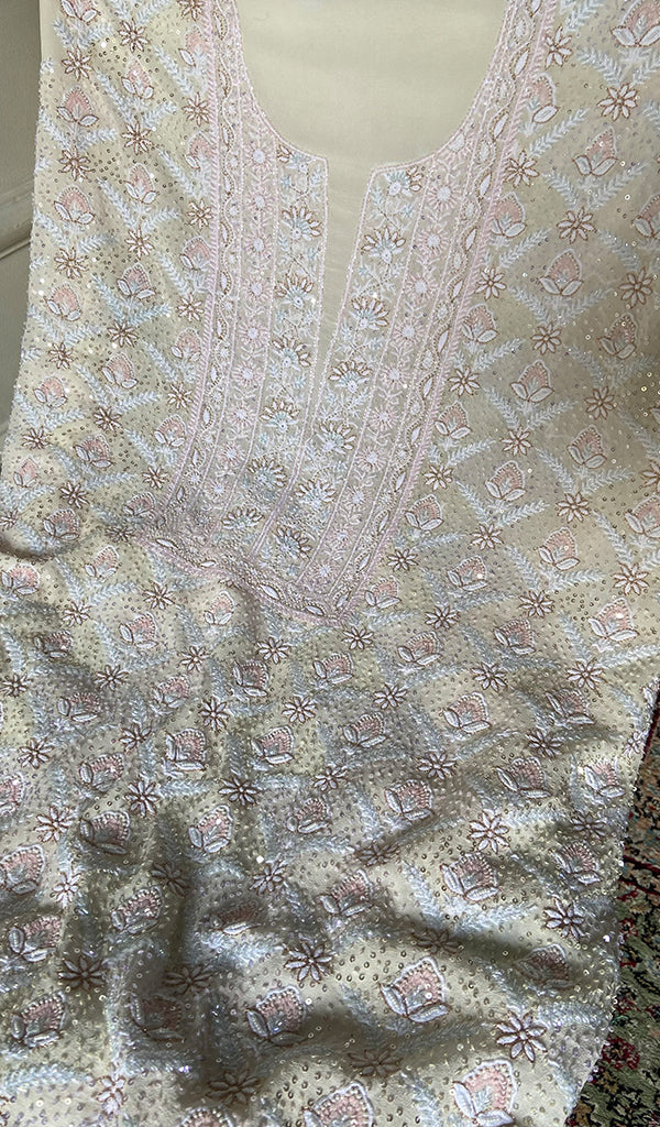 Women's Lakhnavi Handcrafted Pure Silk Georgette Unstitched Chikankari Kurta And Dupatta Set- HONC0367000