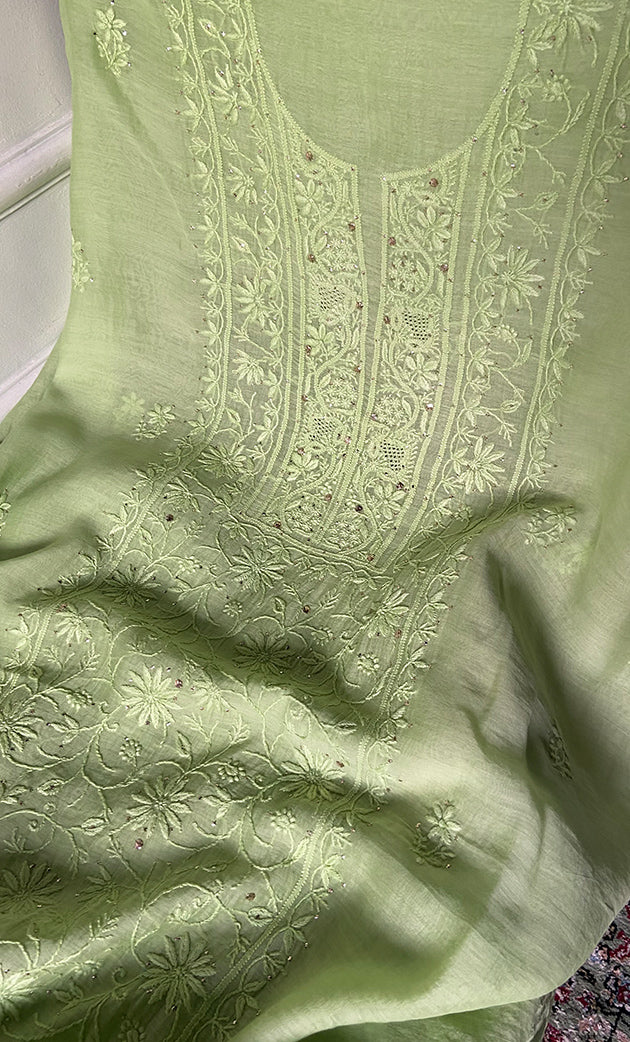 Women's Lakhnavi Handcrafted Mul Chanderi Unstitched Chikankari Full Suit Material - HONC0324498