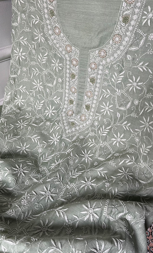 Women's Lakhnavi Handcrafted Unstitched Munga Silk Chikankari Kurta And Dupatta Set- HONC0274528