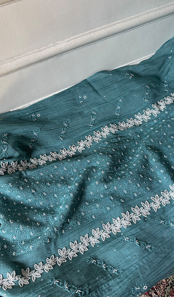 Saziya Women's Lakhnavi Handcrafted Mul Chanderi Semi - stitched Chikankari Full Suit Material - HONC0371115