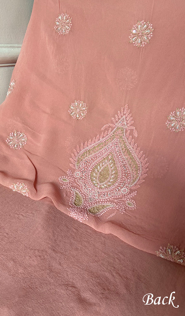 Women's Lakhnavi Handcrafted Pure Silk Georgette Unstitched Chikankari Kurta And Dupatta Set- HONC0271642