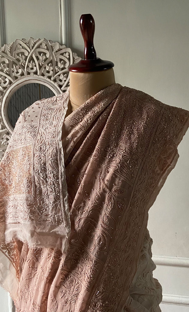 Women's Lakhnavi Handcrafted Pure Silk Georgette Chikankari Saree - HONC00327291