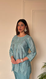 Anika Women's Lucknowi Handcrafted Chanderi Silk Chikankari Top with Farshi Salwar Set