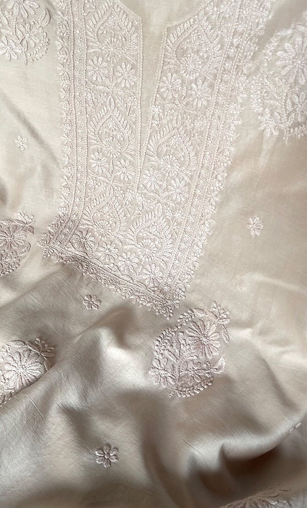 Women's Lucknowi Handcrafted Chanderi Silk Chikankari Full Suit Material - HONC0322709