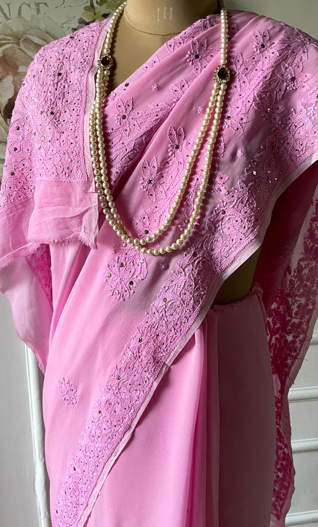 Women's Lakhnavi Handcrafted Viscose Georgette Chikankari Saree - HONC0307136