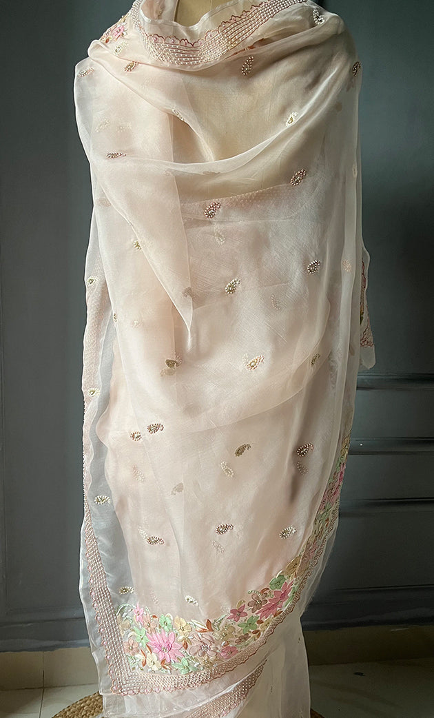 Women's Lucknowi Handcrafted Pure Organza Silk Chikankari Saree - HONC0282492