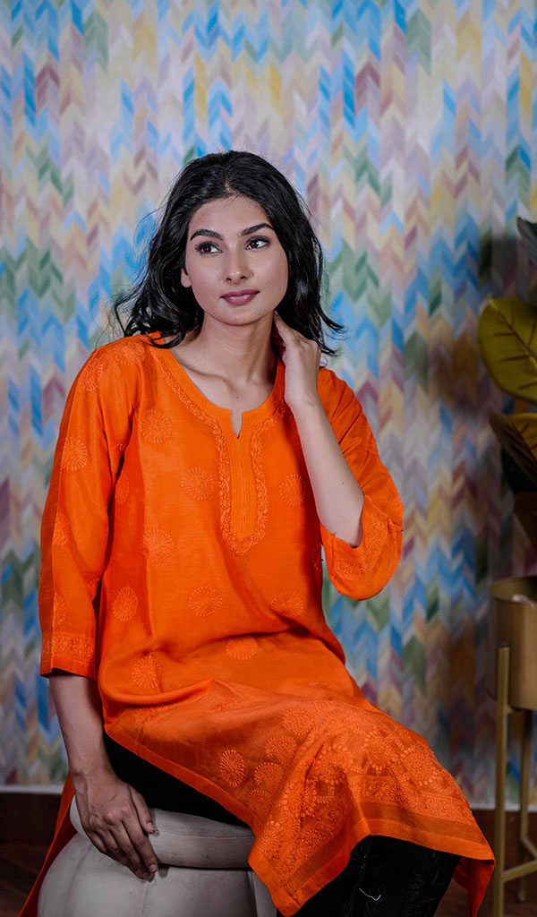 Heena Women's Lucknowi Handcrafted Raw Silk Chikankari Kurti - HONC0201974