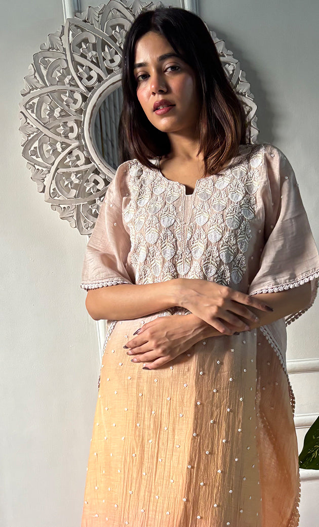 Rabia Women's Lucknowi Handcrafted Mul chanderi Chikankari Kaftan - HONC0319521