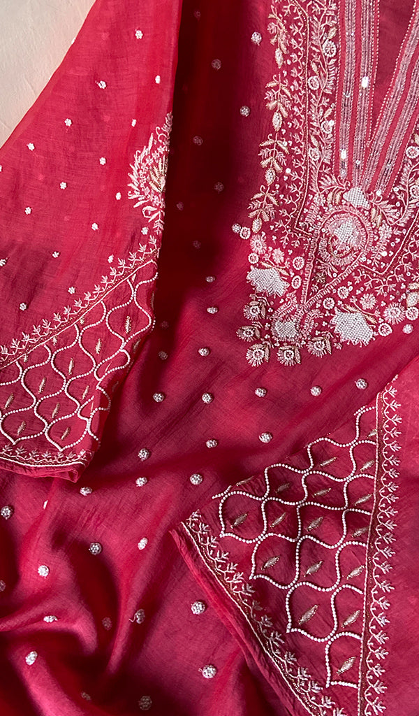 Women's Lakhnavi Handcrafted Mul Chanderi Semi - stitched Kurta And Dupatta Set- HONC0328240