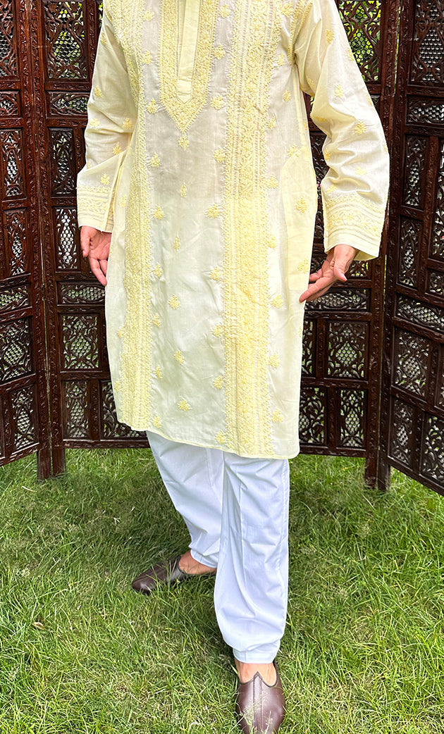 Men's Lucknowi Handcrafted Cotton Chikankari Kurta - HONC0315400