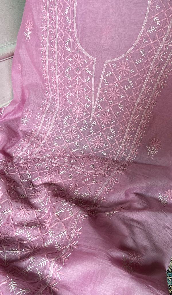 Women's Lakhnavi Handcrafted Chanderi Silk Unstitched Chikankari Full Suit - HONC0369259