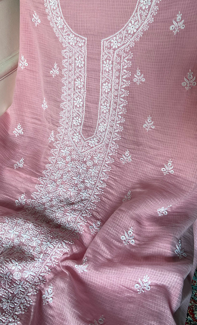 Women's Lucknowi Handcrafted Kota Cotton Chikankari Unstitched Kurta And Dupatta Set - HONC0340090
