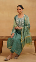 Jazba Women's Lakhnavi Handcrafted Mul Chanderi Chikankari Stitched Kurta, Dupatta And Pant Set - HONC0458975