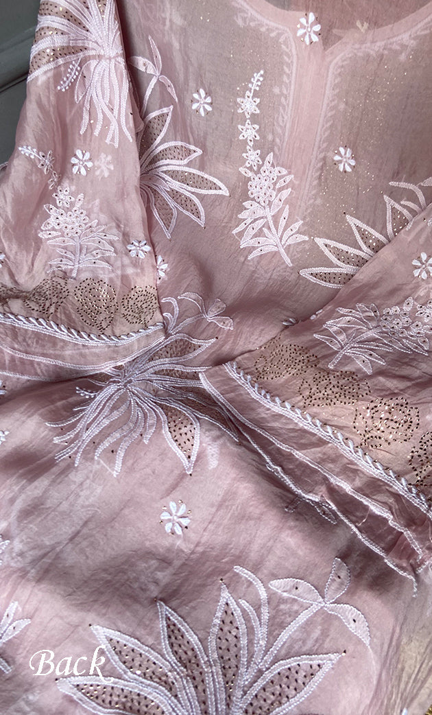 Women's Lakhnavi Handcrafted Pure Organza Chikankari Semi - stitched Kurta And Dupatta Set- HONC0309150